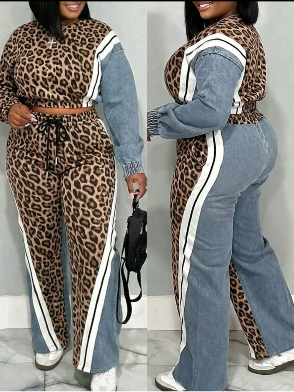 CHANEL Two-Tone Leopard Print and Denim Wide-Leg Jumpsuit - Brown/Blue